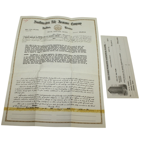 Ben Hogan's Real Estate Note and Fort Worth National Bank Check