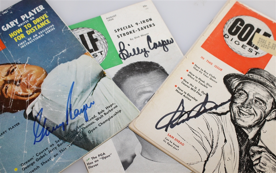 Three Signed Golf Digest Magazines - Snead, Player, & Casper - JSA Stickers