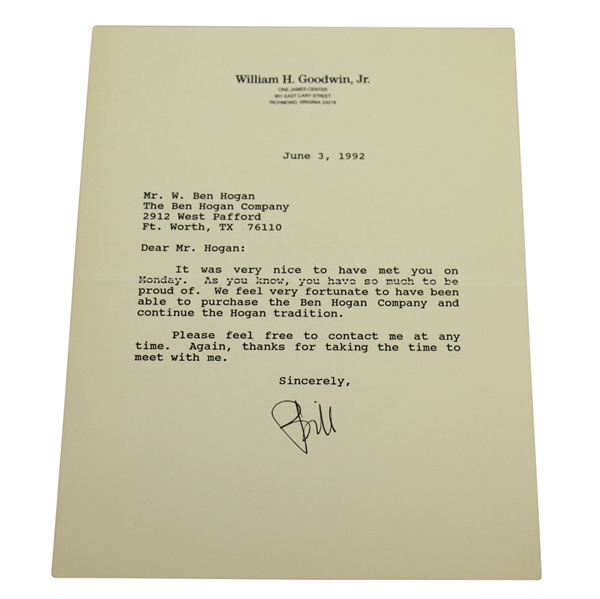 Ben Hogan Letter from Bill Goodwin Who Purchased The Ben Hogan Company
