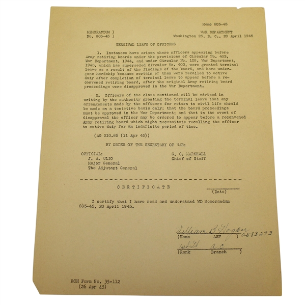 Ben Hogan's 1945 Army Officers Terminal Leave Form - Signed William B. Hogan JSA ALOA