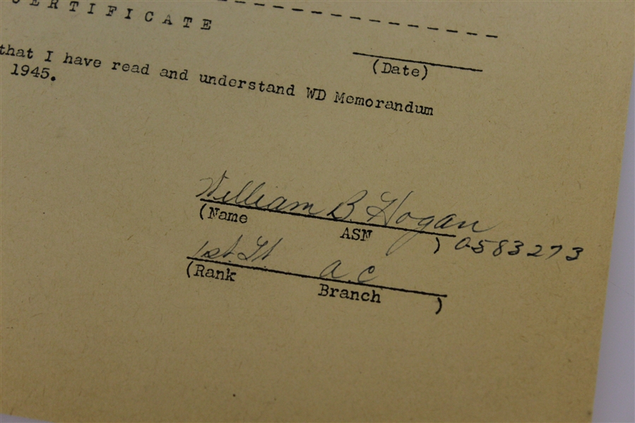Ben Hogan's 1945 Army Officers Terminal Leave Form - Signed William B. Hogan JSA ALOA