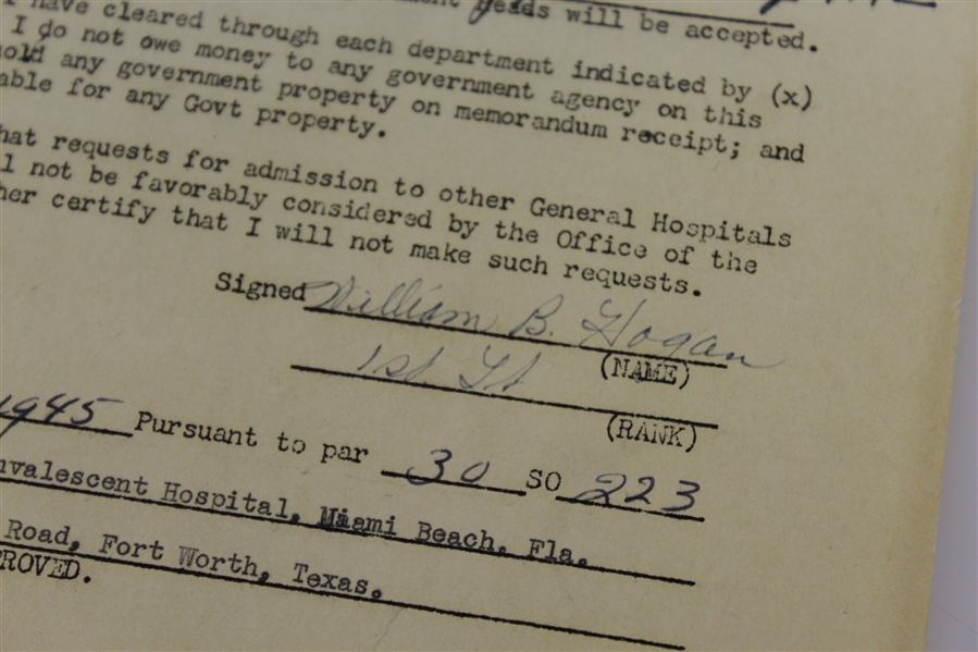 Ben Hogan's 1945 Army Dept. Head Approval Form - Signed William B. Hogan JSA ALOA