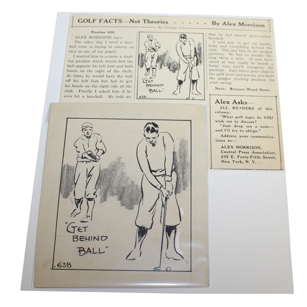 Circa 1945 Original Ink & Pen Drawing with Article Used in 'Golf Facts Not Theories - Get Behind the Ball' - Alex Morrison