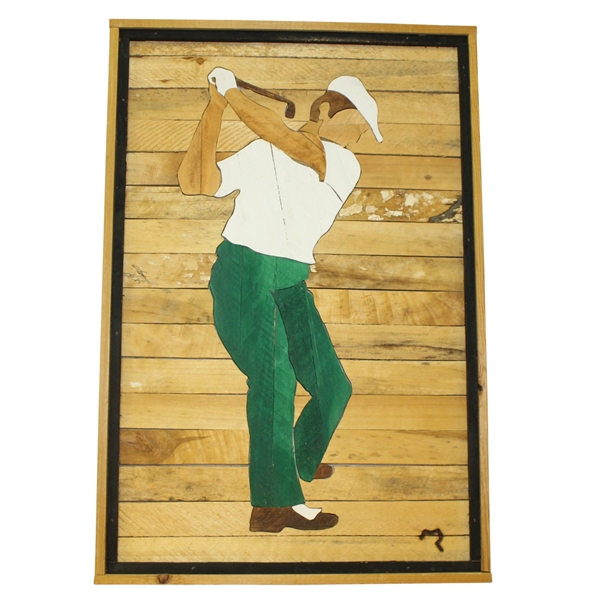 Wooden Mosaic Art Piece Depicting Golfer - Framed