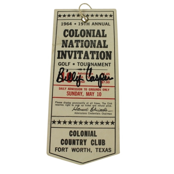Billy Casper Signed 1964 Colonial National Invitation Sunday Ticket JSA ALOA