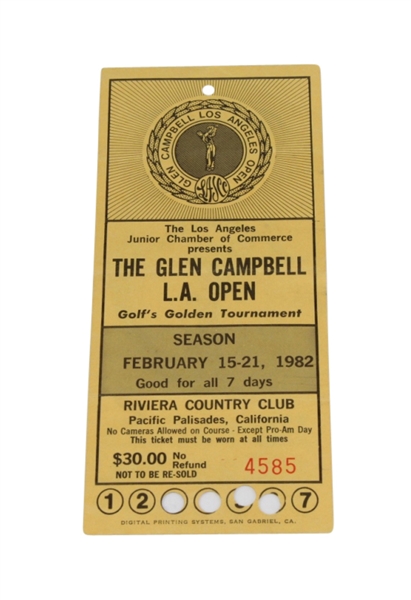 1982 Glen Campbell LA Open Tournament Ticket - Tom Watson Victory