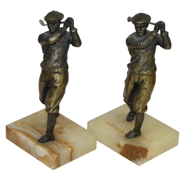 Two Post-Swing Golfers on Marble Base Bookends