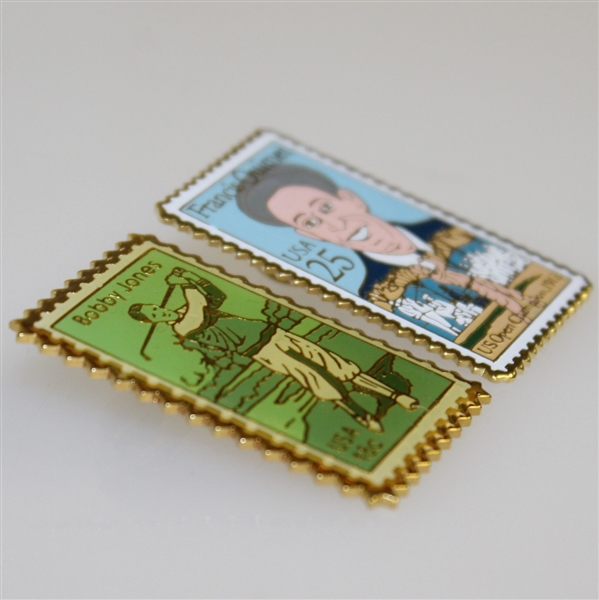 Bobby Jones & Francis Ouimet Enameled Brass Stamp Pins - Excellent Condition