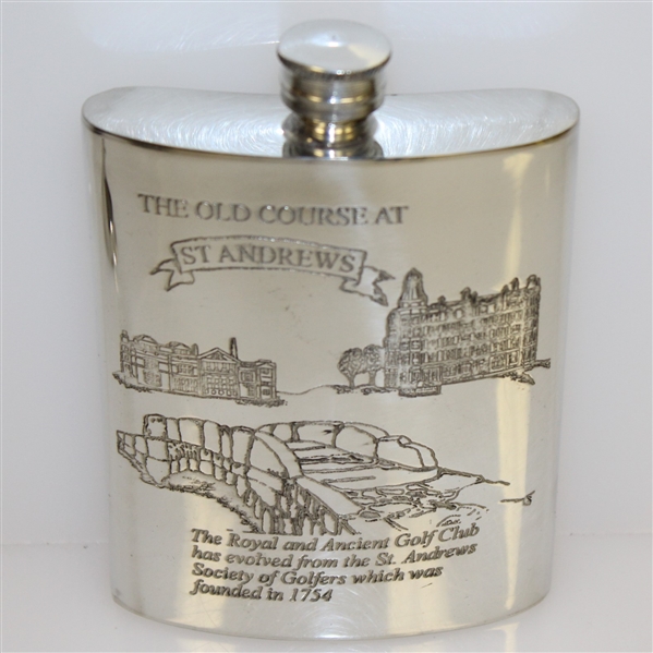 St. Andrews 'The Old Course' Pewter 6oz Hip Flask Depicting Swilcan Bridge with Funnel