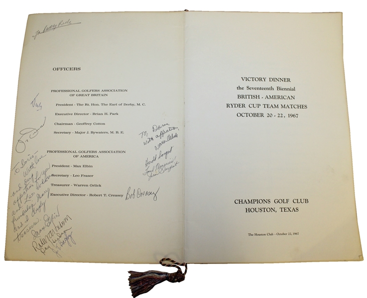 1967 Ryder Cup Dinner Menu Signed by Both Captains(Hogan & Rees) , Teams, Officers, & Others - Scarce JSA ALOA