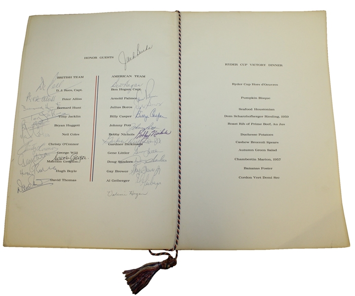 1967 Ryder Cup Dinner Menu Signed by Both Captains(Hogan & Rees) , Teams, Officers, & Others - Scarce JSA ALOA