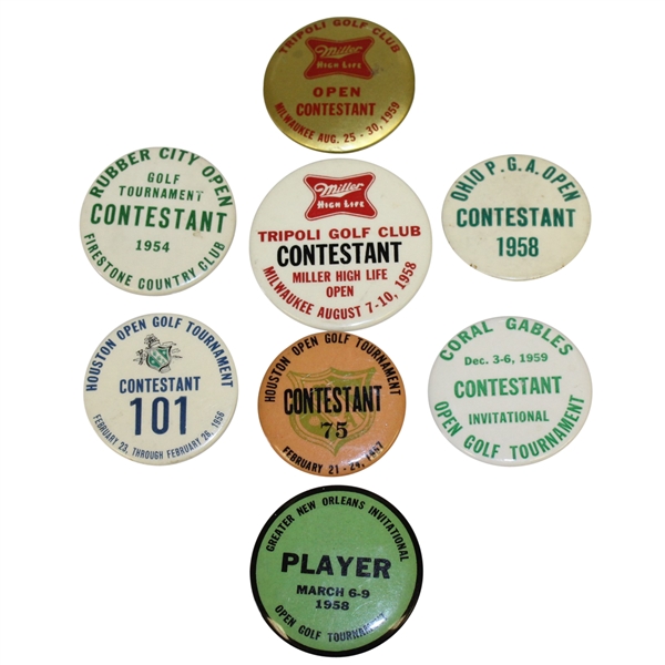 Eight 1950's Golf Contestant Badges - Houston(x2), Greater New Orleans, Ohio PGA, & Others