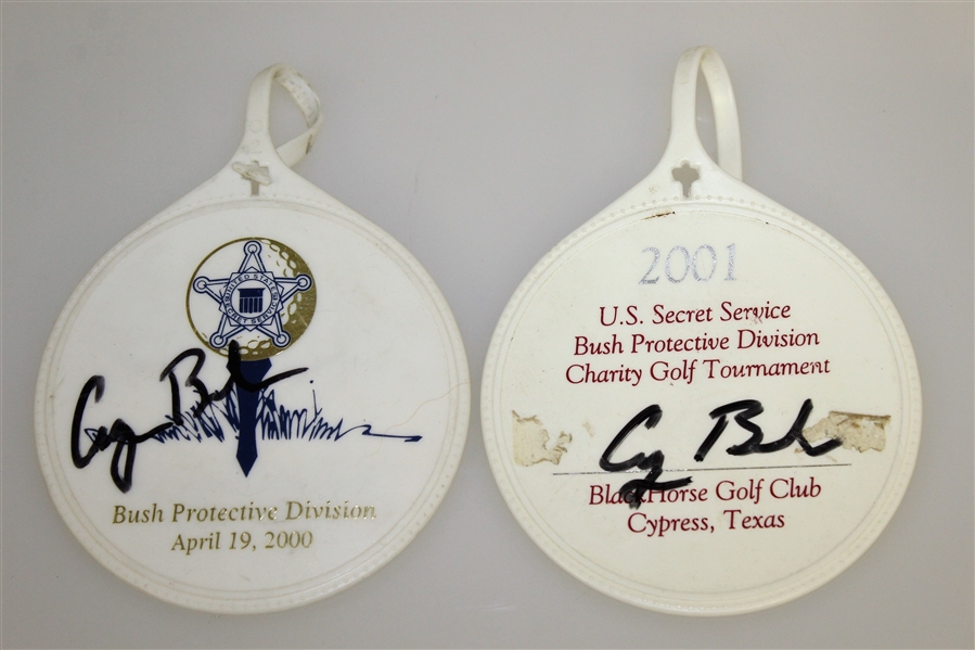 George H.W. Bush Signed 2000 & 2001 Bush Protective Division Bag Tags JSA ALOA