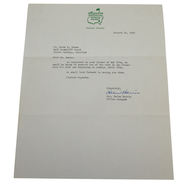 1959 Augusta National Letter to Deane Beman Confirming His Stay in the Dormitory - 1/30/59