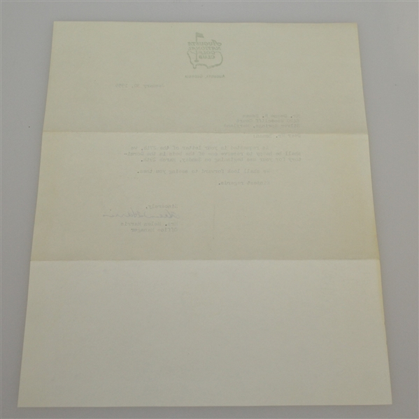 1959 Augusta National Letter to Deane Beman Confirming His Stay in the Dormitory - 1/30/59