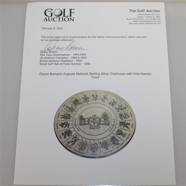 Augusta National Sterling Silver Clubhouse with Hole Names Trivet - Deane Beman Collection