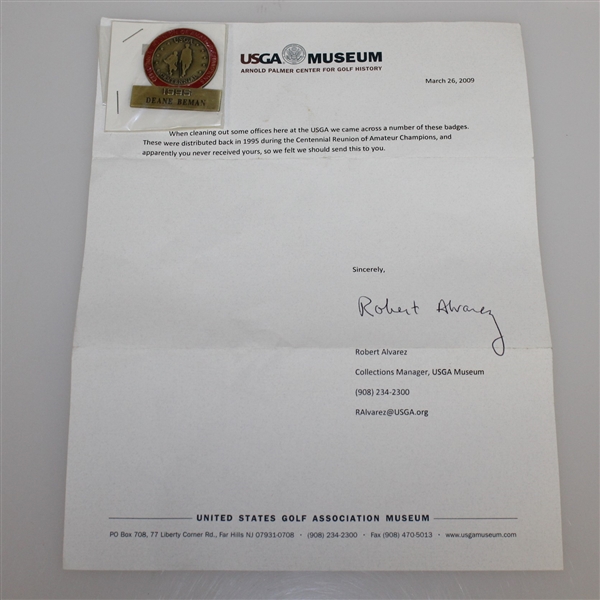Deane Beman's 1995 USGA Centennial Reunion of Amateur Champions Badge with Letter