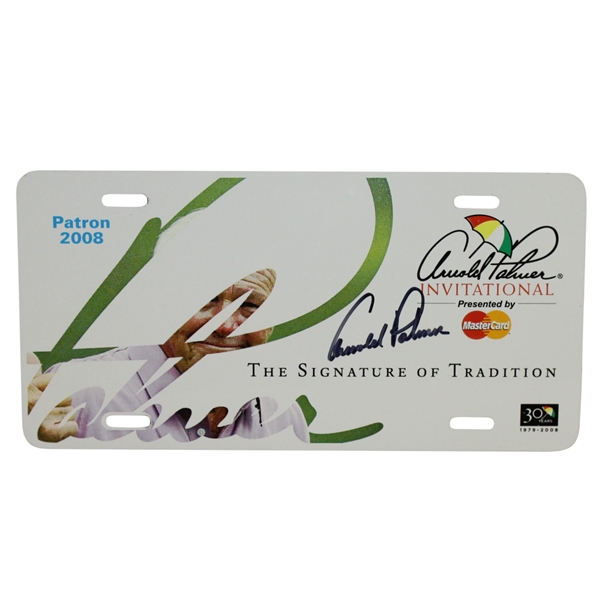 Arnold Palmer Signed 2008 Arnold Palmer Inv. Patron License Plate JSA ALOA