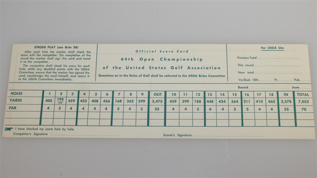 1964 US Open at Congressional CC Official Scorecard - Ken Venturi Winner