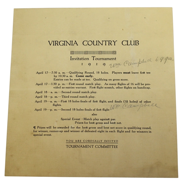 1919 Virginia Country Club Invitational Tournament Invitation Letter