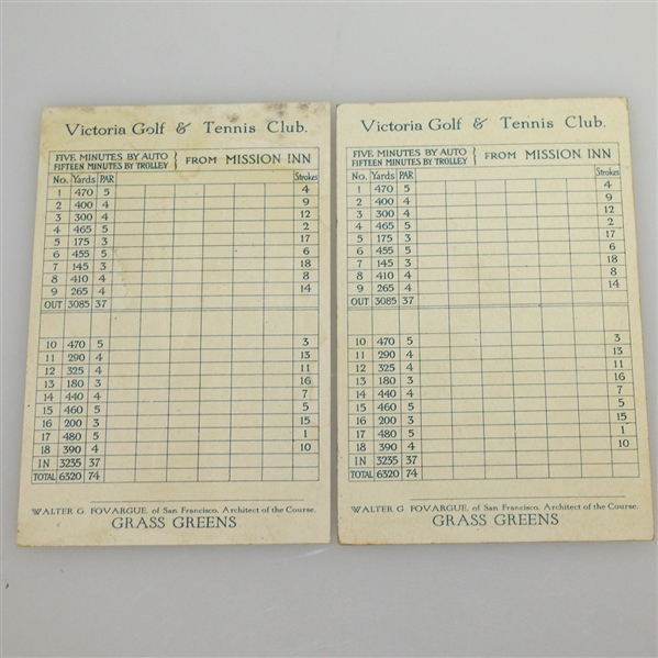 Two 1920 New Victoria Golf Course Scorecards - Riverside, Ca. 