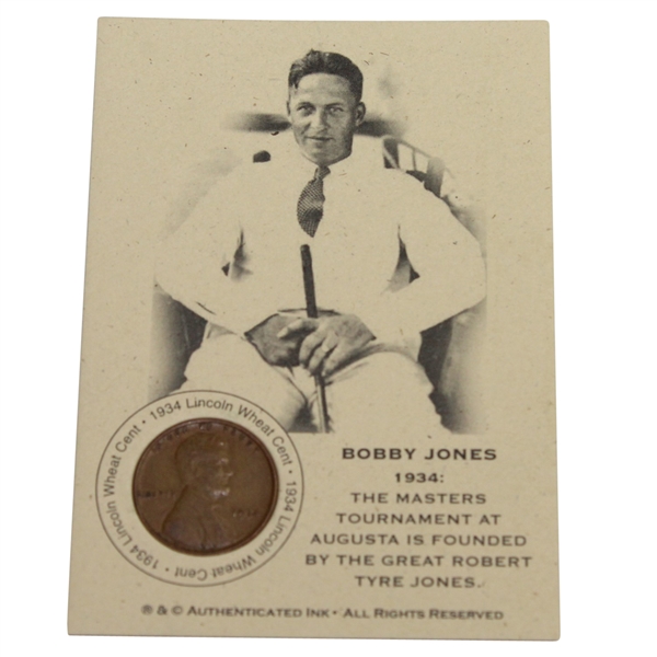 Bobby Jones Masters Tournament 1934 Lincoln Wheat Penny & Presentation Card