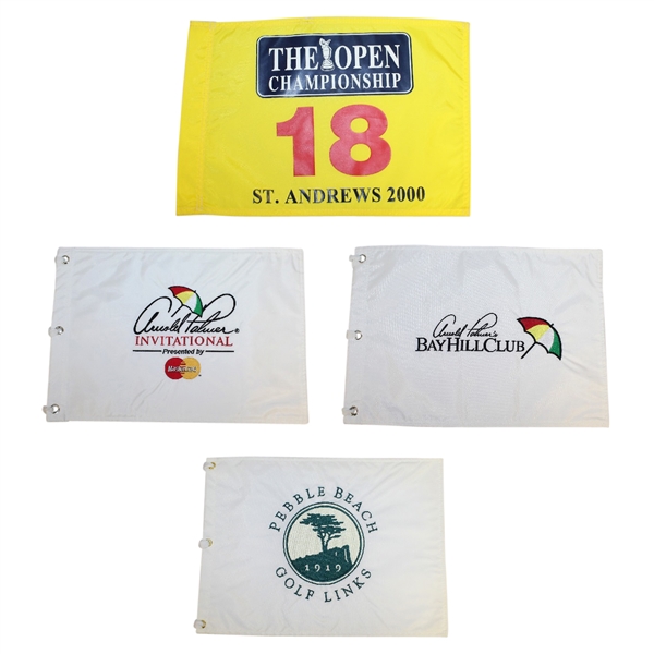 Two Arnold Palmer Inv. Flags, Pebble Beach Flag, & 2000 Open at St. Andrews Flag