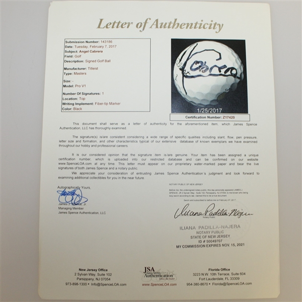 Angel Cabrera Signed Masters Logo Golf Ball FULL JSA #Z17420
