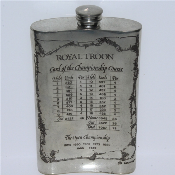 Royal Troon Pewter Flask with Course Layout & Scorecard Engraved - Great Condition