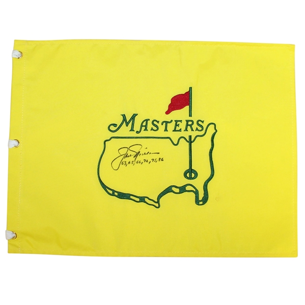 Jack Nicklaus Signed Masters Undated Flag with All Six Wins Notation JSA ALOA