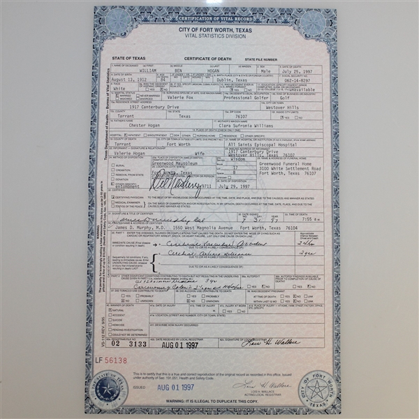 Ben Hogan's Death Certificate & a Celebration of Life Service Program