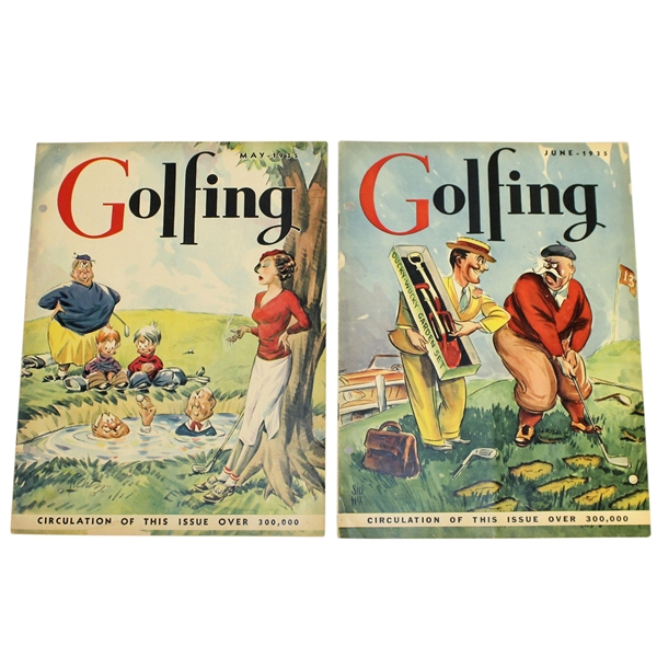 1935 May & June Golfing Magazines - Woman Smoking Cover & Salesman on the Course Cover