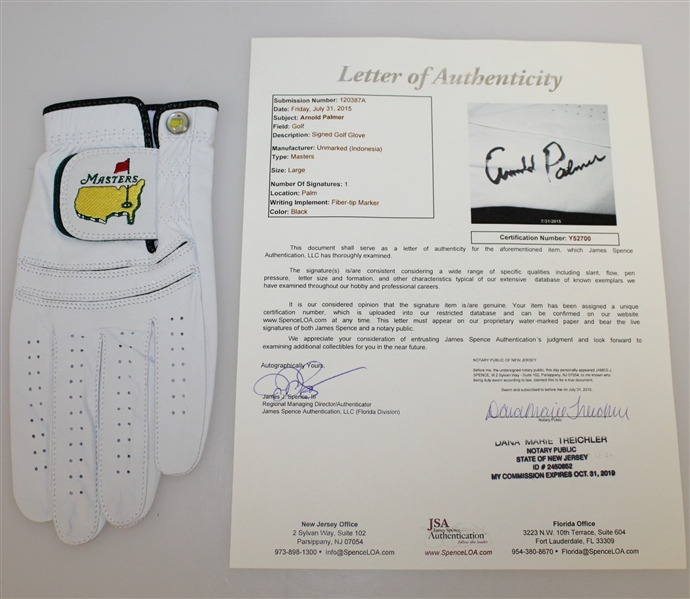 Arnold Palmer Signed Masters Logo Golf Glove FULL JSA #Y52700