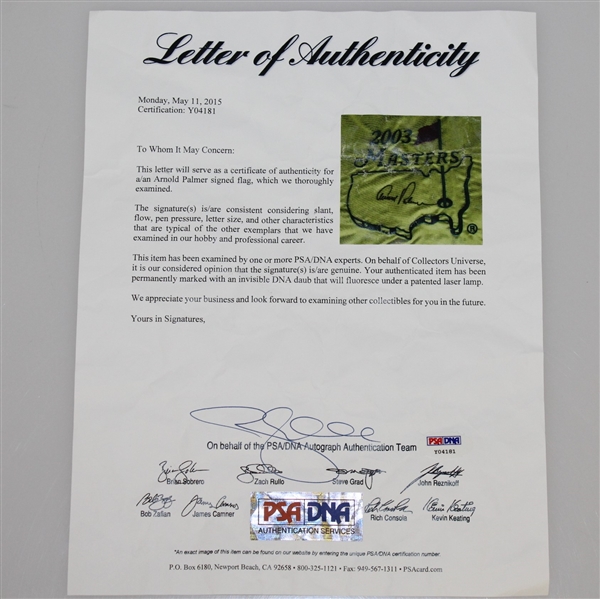 Arnold Palmer Signed 2003 Masters Embroidered Flag PSA/DNA #Y04181