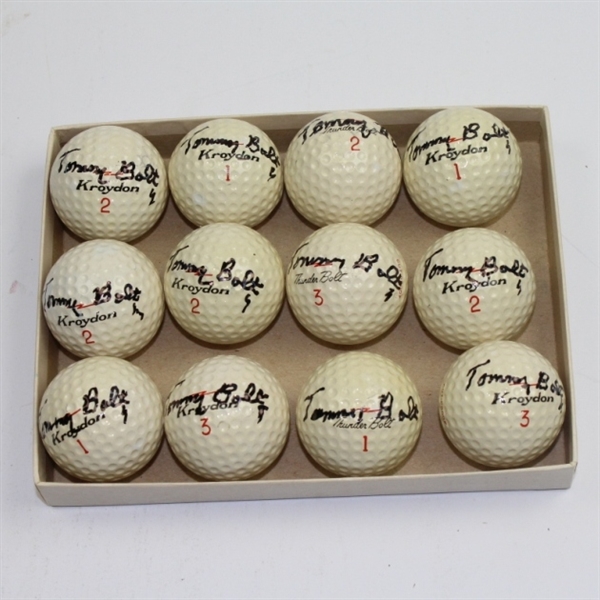 Dozen Tommy Bolt Signed 'Kroydon Cut-Proof' Golf Balls Including Box JSA ALOA