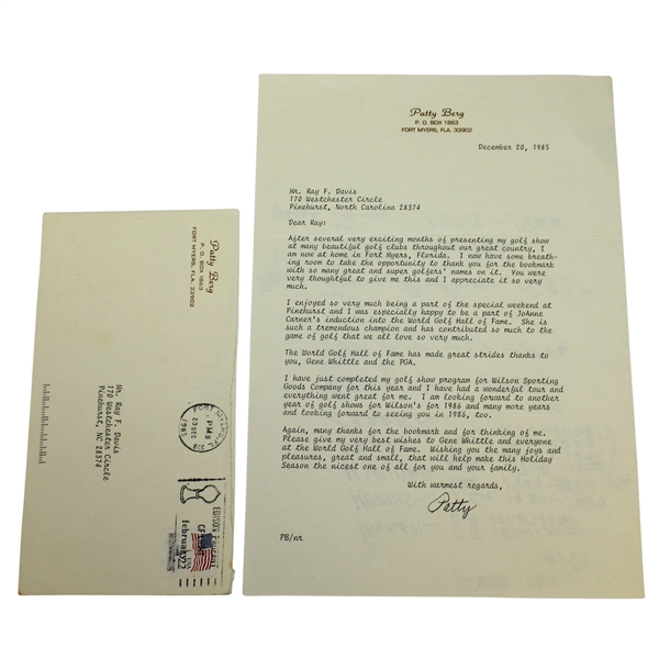 Patty Berg Signed 1985 Letter to Ray Davis with Envelope JSA ALOA