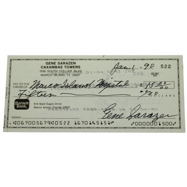 Gene Sarazen Signed January 1, 1990 Personal Check JSA ALOA