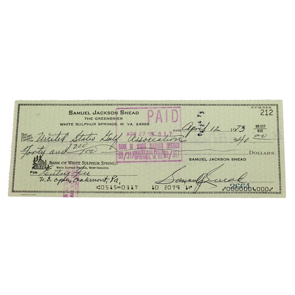 Sam Snead Signed Entry Fee Check to the USGA for 1973 US Open JSA ALOA