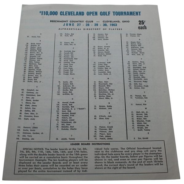 1963 Cleveland Open Pairing Sheet - Arnold Palmer Win