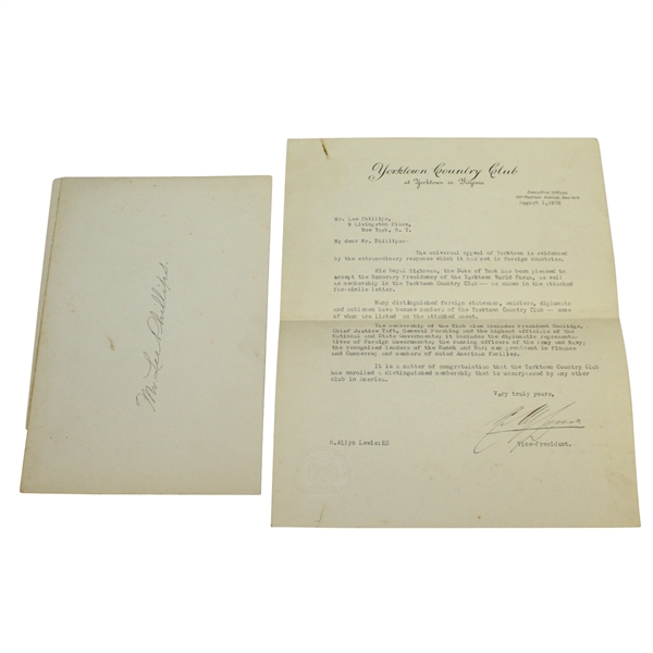 1925 Yorktown Country Club Letter to Lee Phillips - Distinguished Members Content