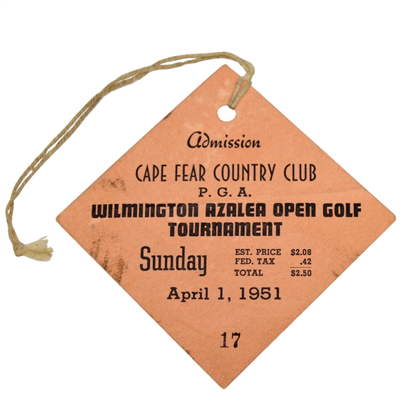 1951 Azalea Open Golf Tournament at Cape Fear CC Sunday Ticket #17 - Lloyd Mangrum Winner