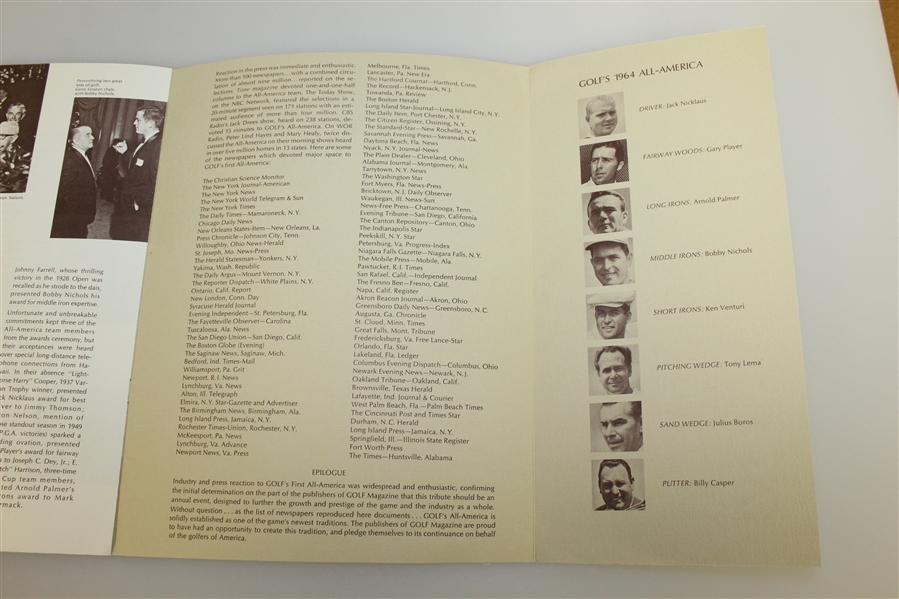 1964 Golf Magazine's All-America Awards Dinner Memento Program