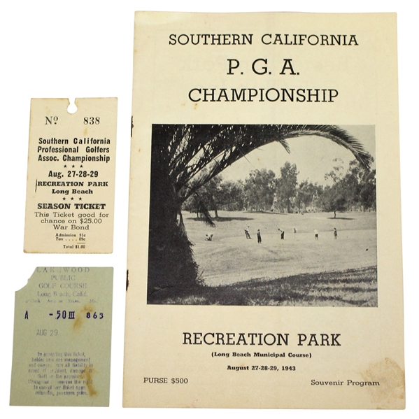 1943 Southern California PGA Championship Golf Program with Two Tickets