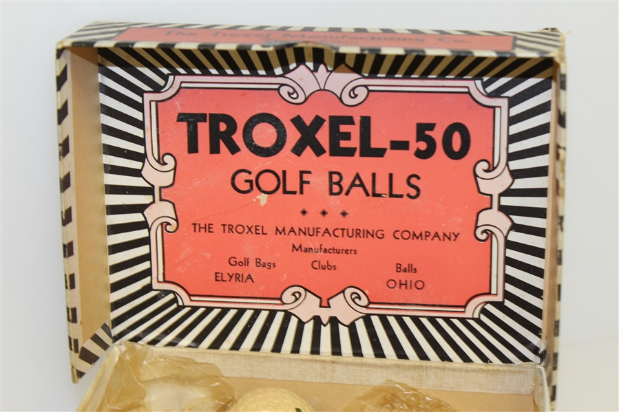 Troxol-50 Golf Ball Box with 7 Square Mesh Golf Balls - Elyria, OH - Circa 1920's