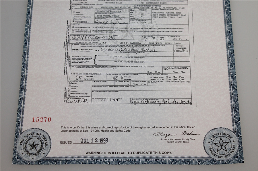 Ben Hogan (1997) & Valerie Hogan's (1999) Texas Certificates of Death