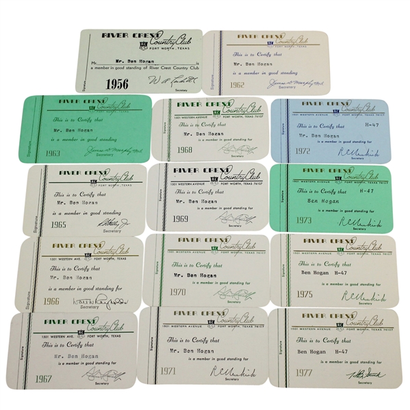 Ben Hogan's Personal River Crest Country Club Membership Cards - Fourteen Cards!