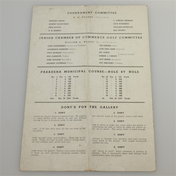 1938 Pasadena Open Golf Tournament at Brookside Park Official Pairing Sheet