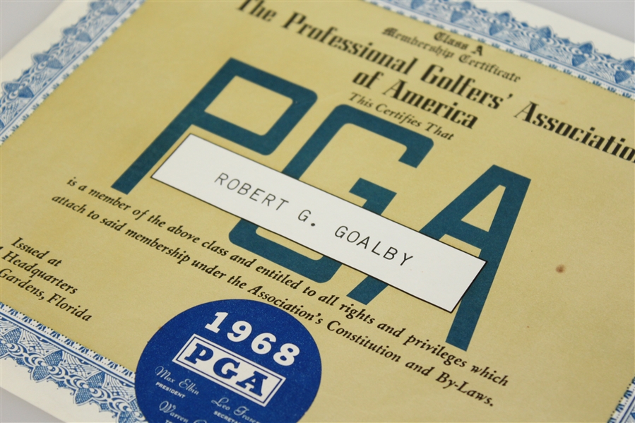 Bob Goalby's Personal 1968 PGA of America Class A Membership Certificate