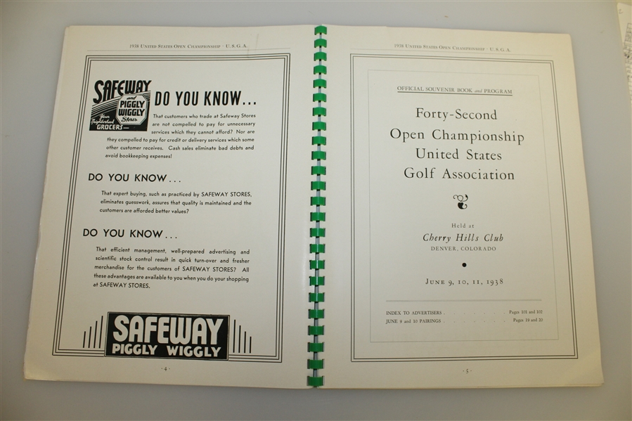 1938 US Open Championship at Cherry Hills CC Program - Ralph Guldahl Winner