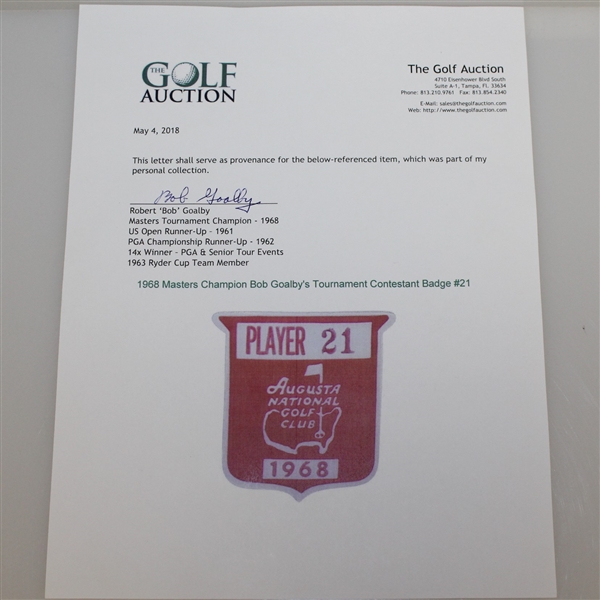 1968 Masters Champion Bob Goalby's Tournament Contestant Badge #21 - Significant Opportunity!
